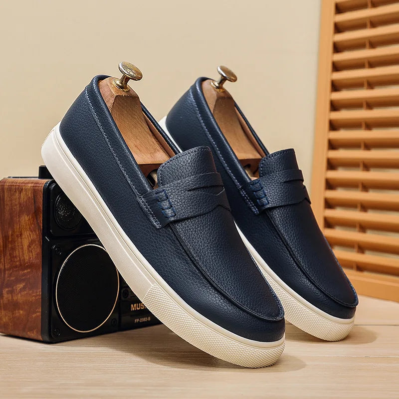 Casual Slip-On Men's Bean Oes Spring 2026 New Sle Comfortable Leather Sneakers Breathable Round Toe Flat Heel PU Lined