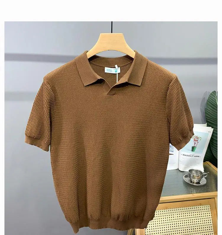 Ice Silk Slim Fit Short Sleeve V-Neck Polo Shirt Men's Knitted Summer New Style Breathable Machine Washable Casual T-Shirt