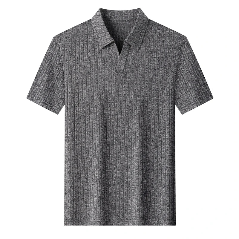 Men's Breathable Knitted Polo Tee Short Sleeve V Neck Striped Fabric Lightweight Casual Business Daily Wear