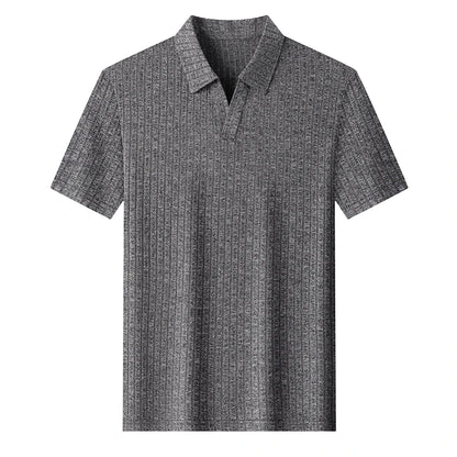 Men's Breathable Knitted Polo Tee Short Sleeve V Neck Striped Fabric Lightweight Casual Business Daily Wear