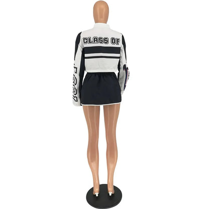 HLJ Letter Print Two Piece Outfits 2023 Autumn Winter Casual Sporty Baseball Coat Skirts Suits Detachable Buttons Y2k Streetwear