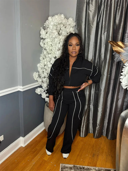 Doyerl Striped Casual Tracksuit Woman Two Piece Set Sports Workout Zipper Long Sleeve Jacket Coat and Sweatpants Matching Sets