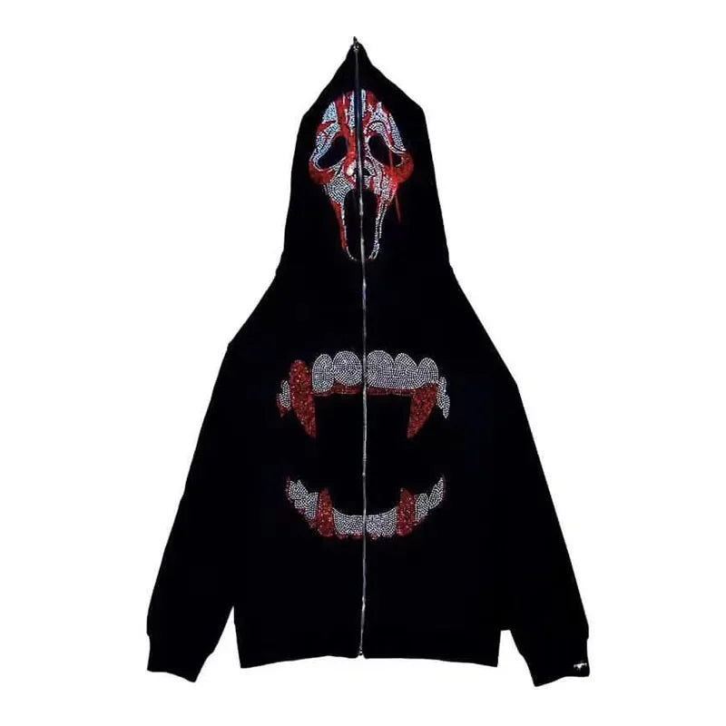 Skeleton Pattern Rhinestone Zipper Hoodies Men Women Hip Hop Street Hoodie Retro Punk Gothic Autumn Oversize Sweatshirt Jacket