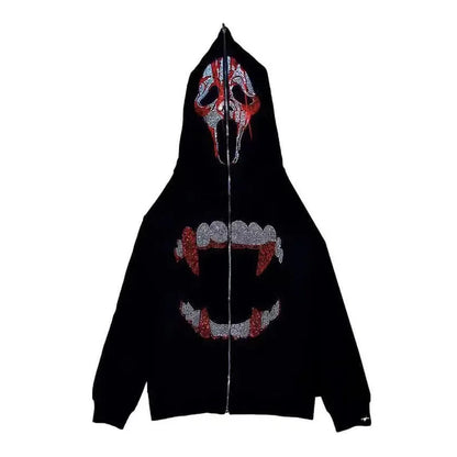 Skeleton Pattern Rhinestone Zipper Hoodies Men Women Hip Hop Street Hoodie Retro Punk Gothic Autumn Oversize Sweatshirt Jacket