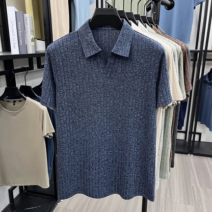 Men's Breathable Knitted Polo Tee Short Sleeve V Neck Striped Fabric Lightweight Casual Business Daily Wear