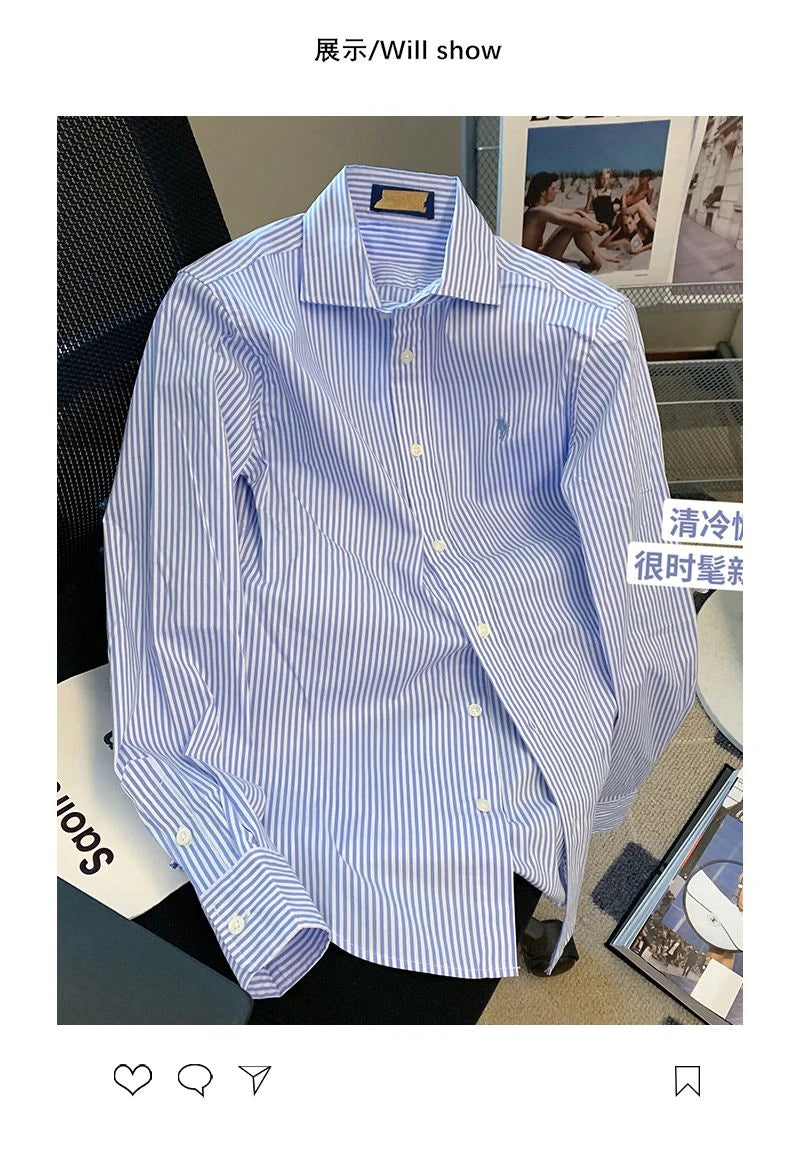 Striped Polo Neck Button Shirt Tops Long Sleeve Loose All-match High Street Blouse Fashion Casual Spring New Women Clothing
