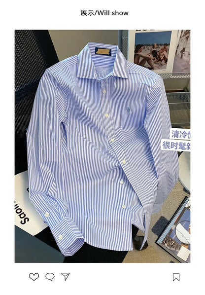 Striped Polo Neck Button Shirt Tops Long Sleeve Loose All-match High Street Blouse Fashion Casual Spring New Women Clothing