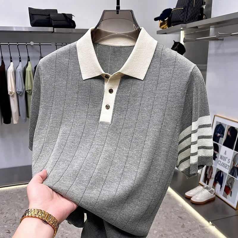 High End Light Luxury Color Blocked Knitted Summer Men's Short Sleeved Polo Shirt, Thin Grain Design, Casual T-shirt