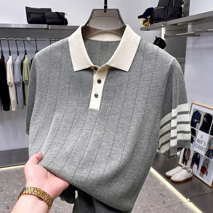 High End Light Luxury Color Blocked Knitted Summer Men's Short Sleeved Polo Shirt, Thin Grain Design, Casual T-shirt