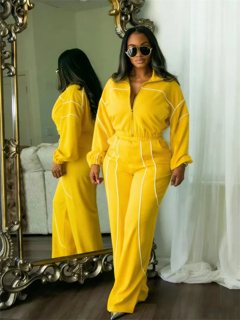 Doyerl Striped Casual Tracksuit Woman Two Piece Set Sports Workout Zipper Long Sleeve Jacket Coat and Sweatpants Matching Sets