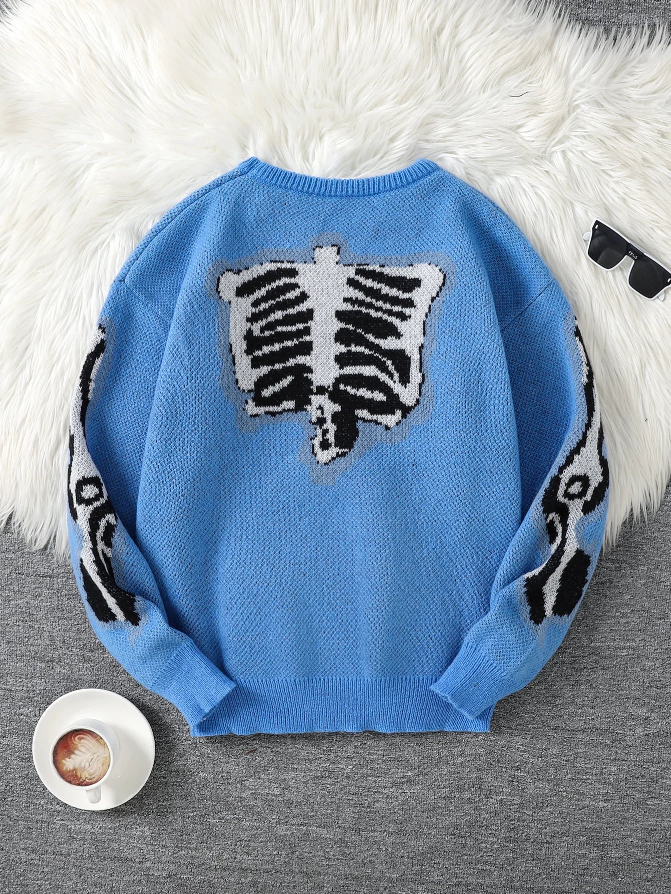 New Popular Spring and Autumn Bone-Shaped Butterfly Jacquard Pattern Pullover Sweater Casual Round Neck Contrast Color Knitted m