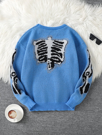 New Popular Spring and Autumn Bone-Shaped Butterfly Jacquard Pattern Pullover Sweater Casual Round Neck Contrast Color Knitted m