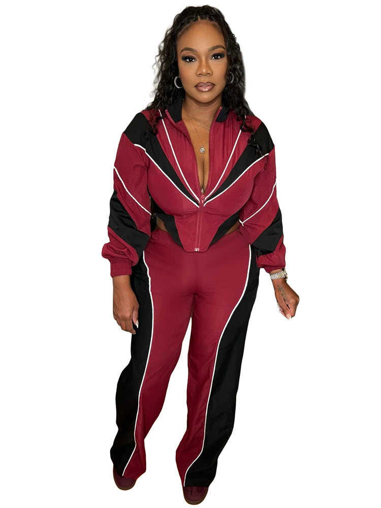 Fashion Women Windbreaker Set Color Block Long Sleeve Zipper Tops and Sweatpants 2025 Fall 2 Piece Sets Streetwear Outfits New