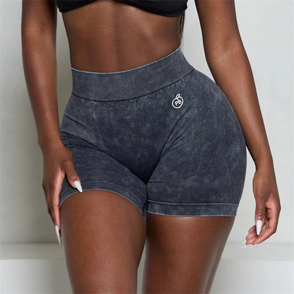 Women Bum Acid Wash Low V-BACK Scrunch Butt Shorts Women Seamless Sports Shorts Women V-shaped Hip Gym Cycling Elastic Tights