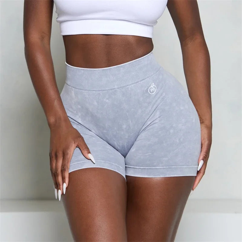 Women Bum Acid Wash Low V-BACK Scrunch Butt Shorts Women Seamless Sports Shorts Women V-shaped Hip Gym Cycling Elastic Tights