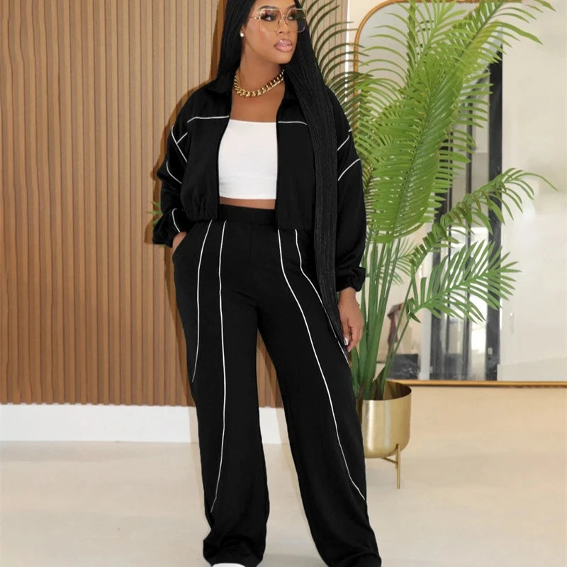 Doyerl Striped Casual Tracksuit Woman Two Piece Set Sports Workout Zipper Long Sleeve Jacket Coat and Sweatpants Matching Sets