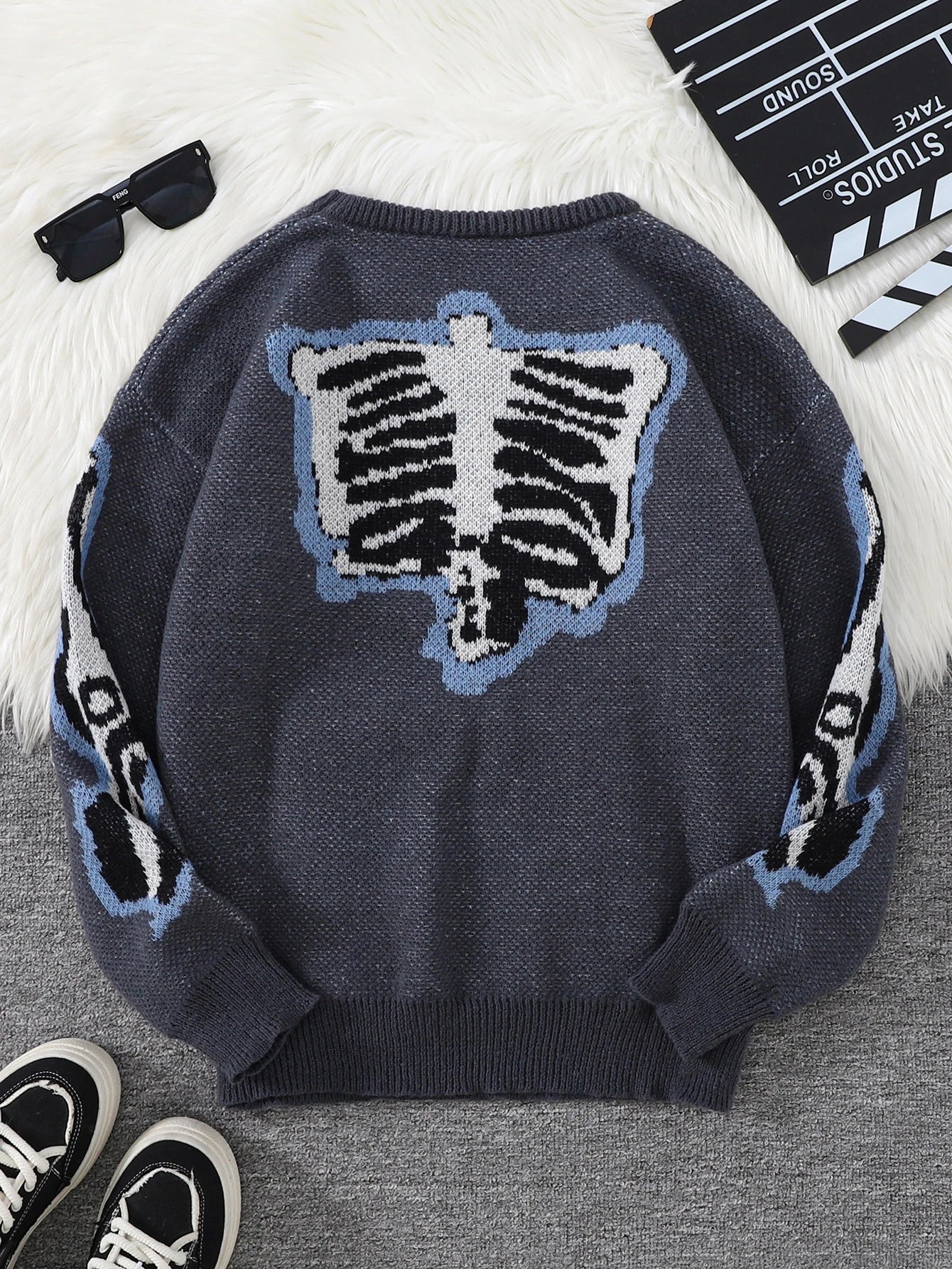 New Popular Spring and Autumn Bone-Shaped Butterfly Jacquard Pattern Pullover Sweater Casual Round Neck Contrast Color Knitted m