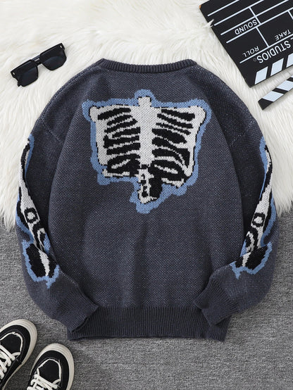 New Popular Spring and Autumn Bone-Shaped Butterfly Jacquard Pattern Pullover Sweater Casual Round Neck Contrast Color Knitted m