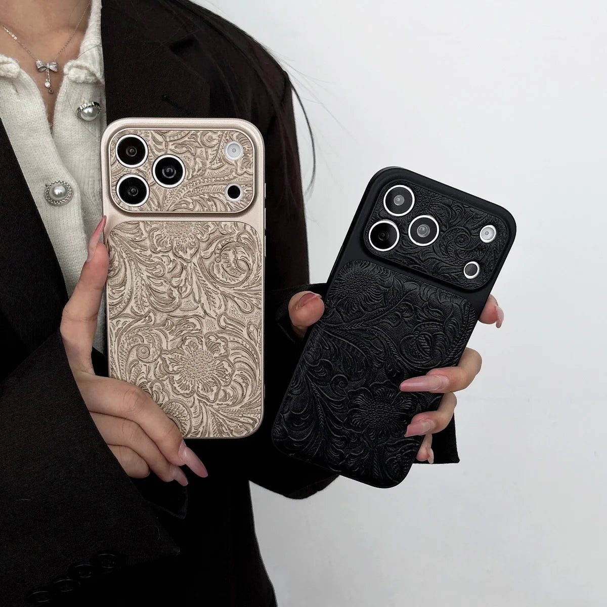 Luxury Retro Petal Flower Large Window Phone Case For iPhone 17 16 15 14 13 Pro Max Fashion 3D Wrinkle Texture Shockproof Cover