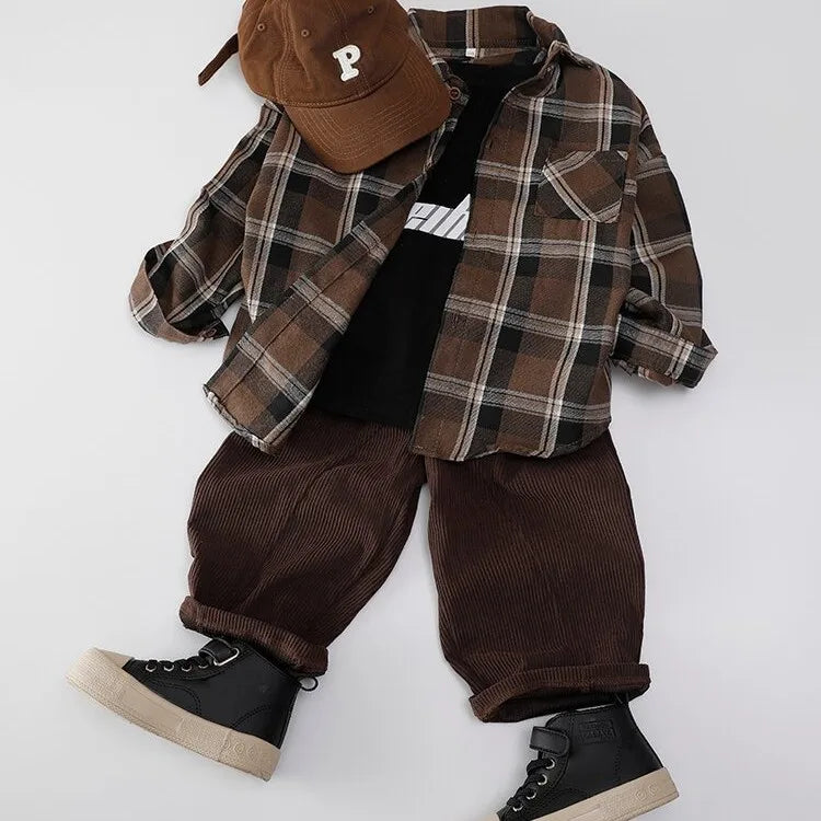 1PCS Autumn Blouses & Shirts New Spring Boy Shirt Plaid Long-sleeved Children's Fashion Tops Boys Handsome Spring Jacket Shirt