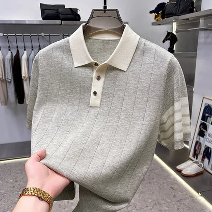 High End Light Luxury Color Blocked Knitted Summer Men's Short Sleeved Polo Shirt, Thin Grain Design, Casual T-shirt