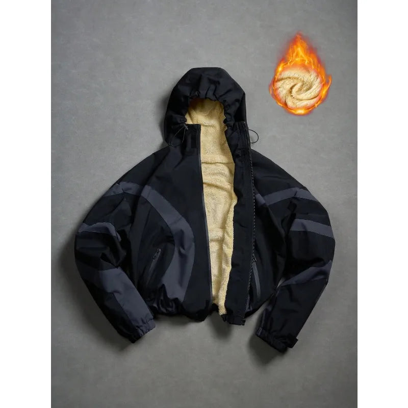 American Style Winter Short Jackets Men Fleece Lined Warm Hooded Coat Man Hip Hop Streetwear Loose Fit Outdoor Windbreaker