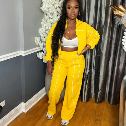 Doyerl Striped Casual Tracksuit Woman Two Piece Set Sports Workout Zipper Long Sleeve Jacket Coat and Sweatpants Matching Sets