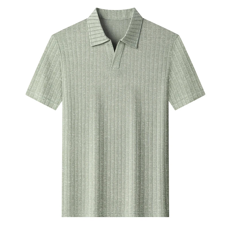 Men's Breathable Knitted Polo Tee Short Sleeve V Neck Striped Fabric Lightweight Casual Business Daily Wear