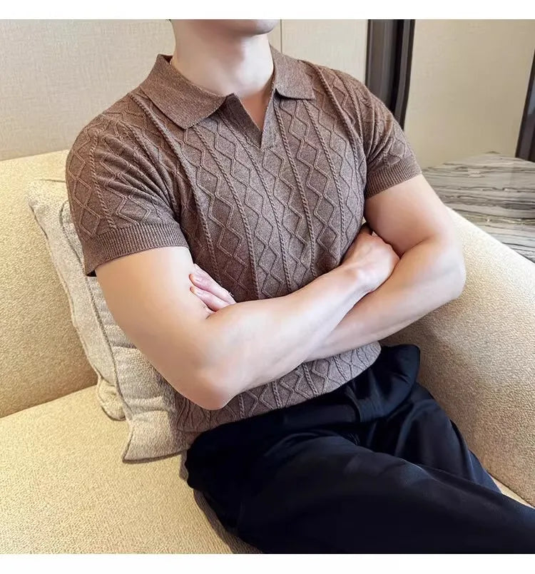 Polo Style Sweaters for Men Summer New Slim Fit Short Sleeve Business Casual T-shirts Male Solid Turn Down Collar Knitwear Tops