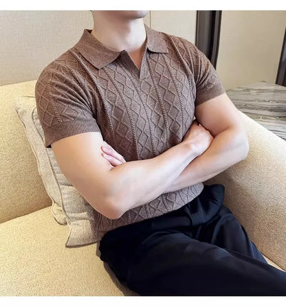 Polo Style Sweaters for Men Summer New Slim Fit Short Sleeve Business Casual T-shirts Male Solid Turn Down Collar Knitwear Tops