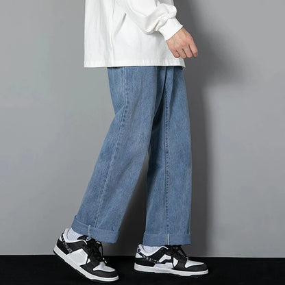 Men Simple Straight Leg Casual Jeans Male Baggy Korean Streetwear Denim Pants Basic Youth Popular Daily Wide Leg Denim Trousers