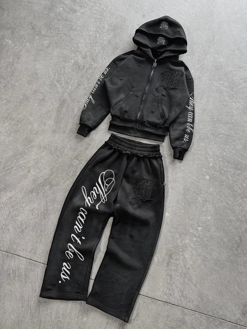 Y2K American Punk Loose Hooded Sweatshirt Suit American Embroidered Patch Double Layer Hooded High Street Retro Pink Sports Suit