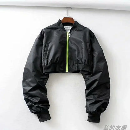 High Waisted Cropped Flight Jacket Women Spring Autumn Long Sleeved Folds Zipper Outerwear Casual Loose-fit Bomber Jackets Coat