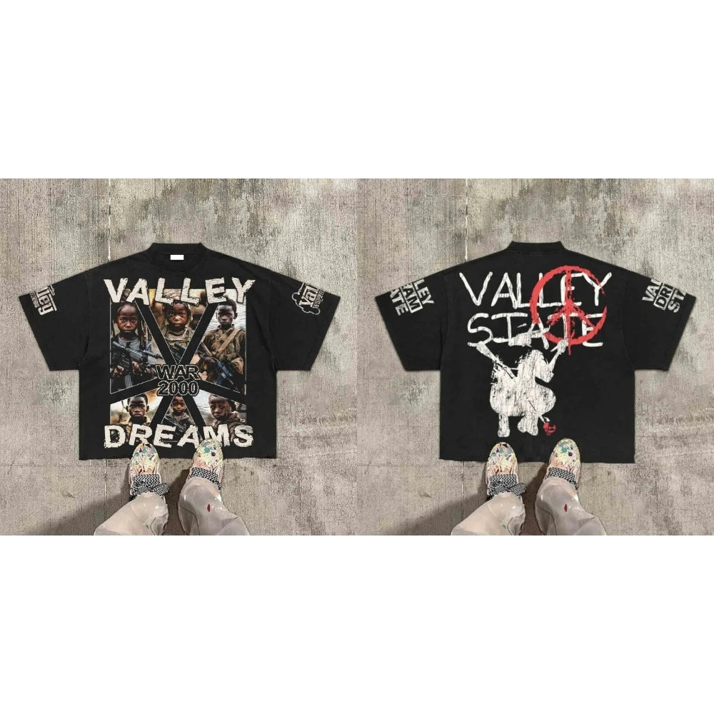 American Hip Hop Retro Theater Valley Division Harajuku Gothic War Print Summer New Retro Fashion Men and Women Streetwear