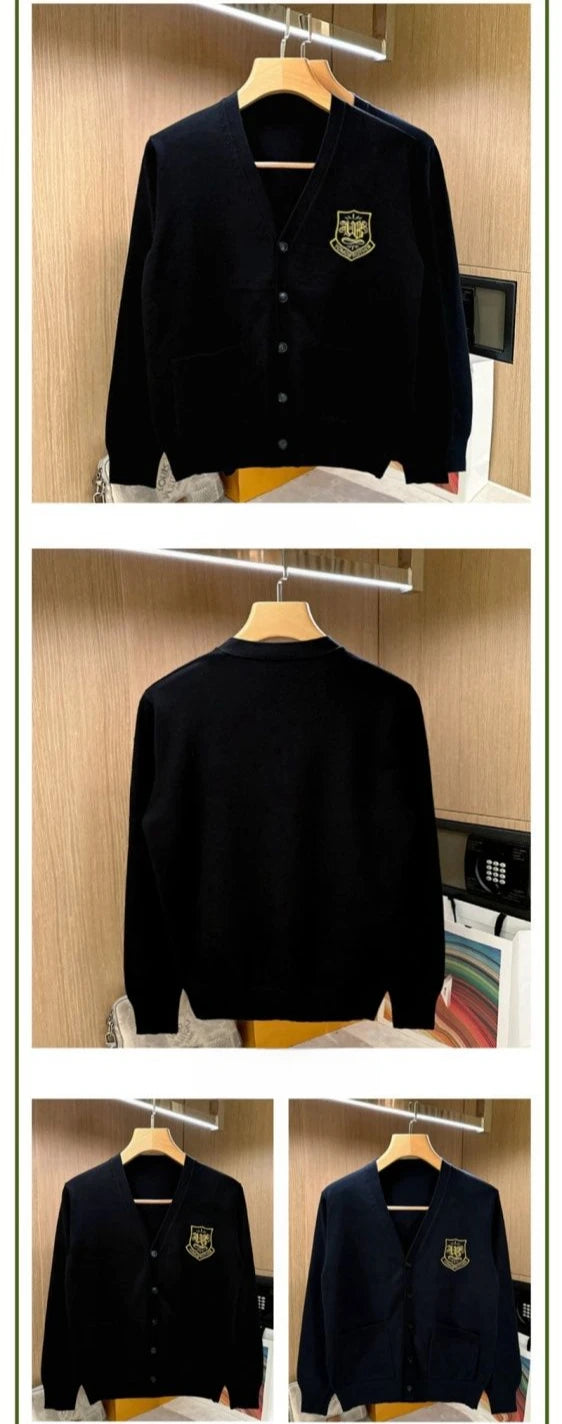 Autumn Long Sleeve Knitted Men Cardigans Embroidered V-neck Buttun Closure Sweaters Chic Casual Outwear