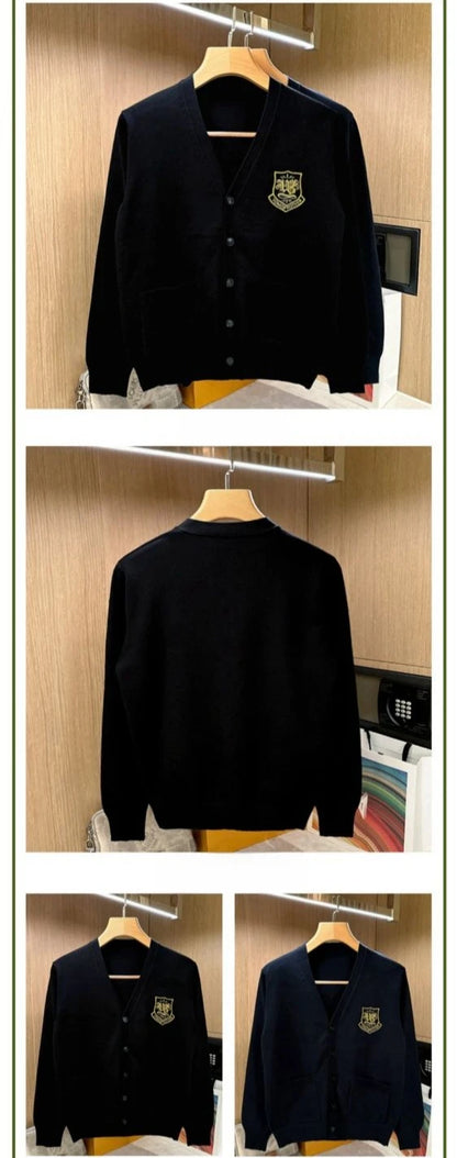 Autumn Long Sleeve Knitted Men Cardigans Embroidered V-neck Buttun Closure Sweaters Chic Casual Outwear