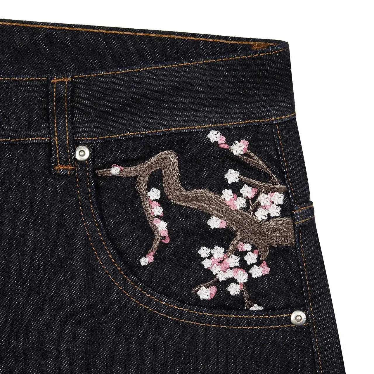 Vintage Cherry Blossom Black Knight Embroidery Jeans Y2k Retro Baggy Straight Denim Pants Blue Wash Jean Men Clothing Streetwear