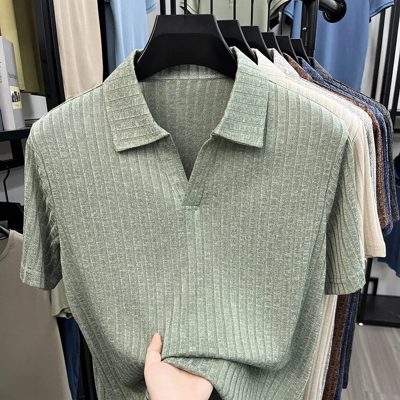 Men's Breathable Knitted Polo Tee Short Sleeve V Neck Striped Fabric Lightweight Casual Business Daily Wear