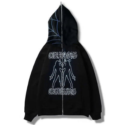 Skeleton Pattern Rhinestone Zipper Hoodies Men Women Hip Hop Street Hoodie Retro Punk Gothic Autumn Oversize Sweatshirt Jacket