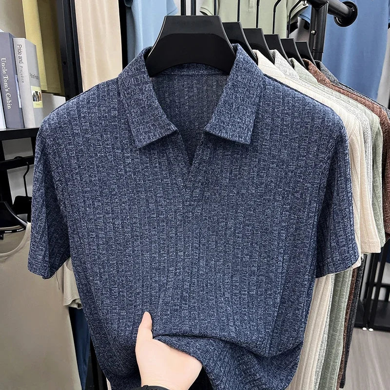 Men's Breathable Knitted Polo Tee Short Sleeve V Neck Striped Fabric Lightweight Casual Business Daily Wear