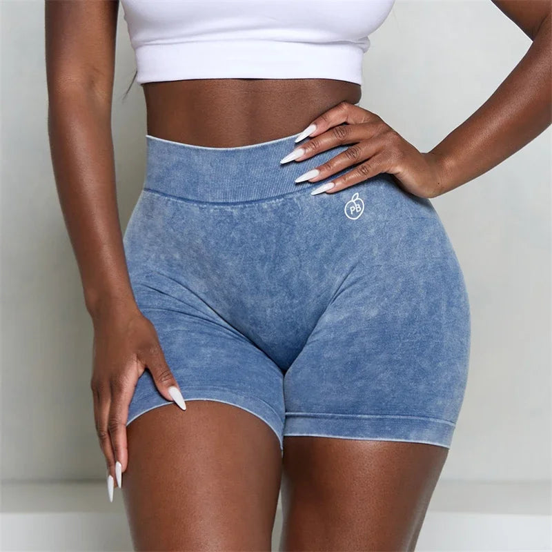 Women Bum Acid Wash Low V-BACK Scrunch Butt Shorts Women Seamless Sports Shorts Women V-shaped Hip Gym Cycling Elastic Tights
