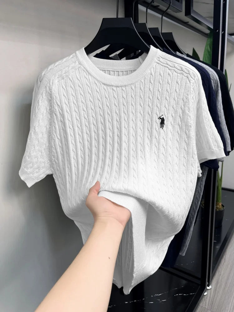 Advanced Ice Silk Knitted Short Sleeve Men Summer Trendy Luxury Brand Golf Pony Embroidery Casual Round Neck Breathable T-shirt