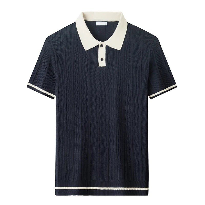 Summer Lightweight Men's Polo Shirt, Middle-aged Jacquard Color-block Breathable Wrinkle-free Casual Knitted Top