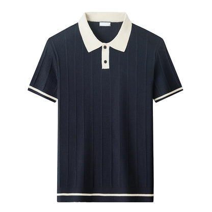 Summer Lightweight Men's Polo Shirt, Middle-aged Jacquard Color-block Breathable Wrinkle-free Casual Knitted Top