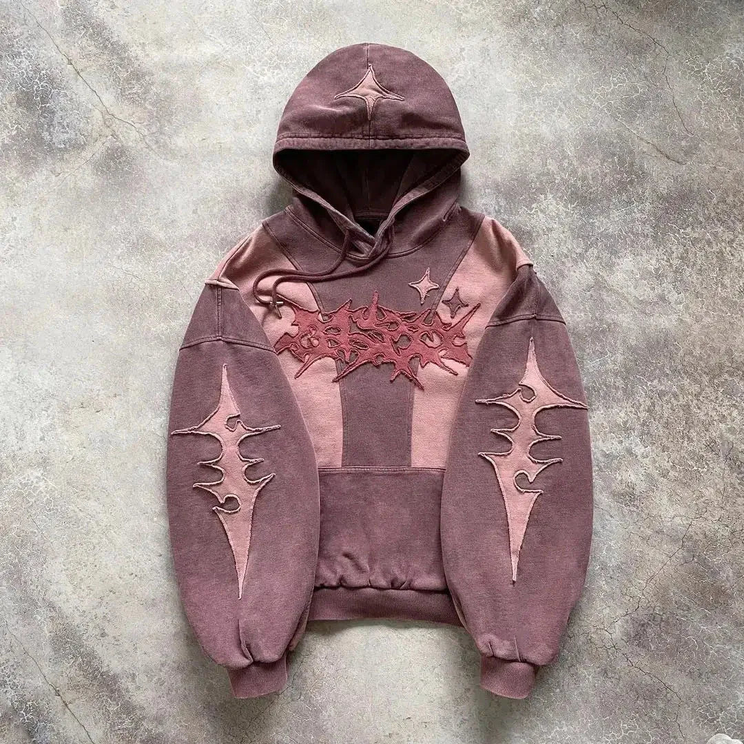 American Harajuku Fashion Color Matching Creative Pattern Patchwork Pullover 2000s Street Rock Vitality Long Sleeve Loose Hoodie