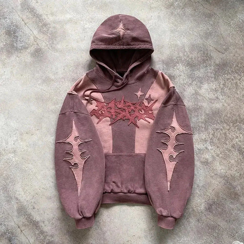 American Harajuku Fashion Color Matching Creative Pattern Patchwork Pullover 2000s Street Rock Vitality Long Sleeve Loose Hoodie