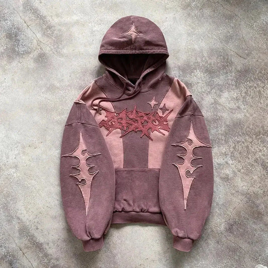 American Harajuku Fashion Color Matching Creative Pattern Patchwork Pullover 2000s Street Rock Vitality Long Sleeve Loose Hoodie