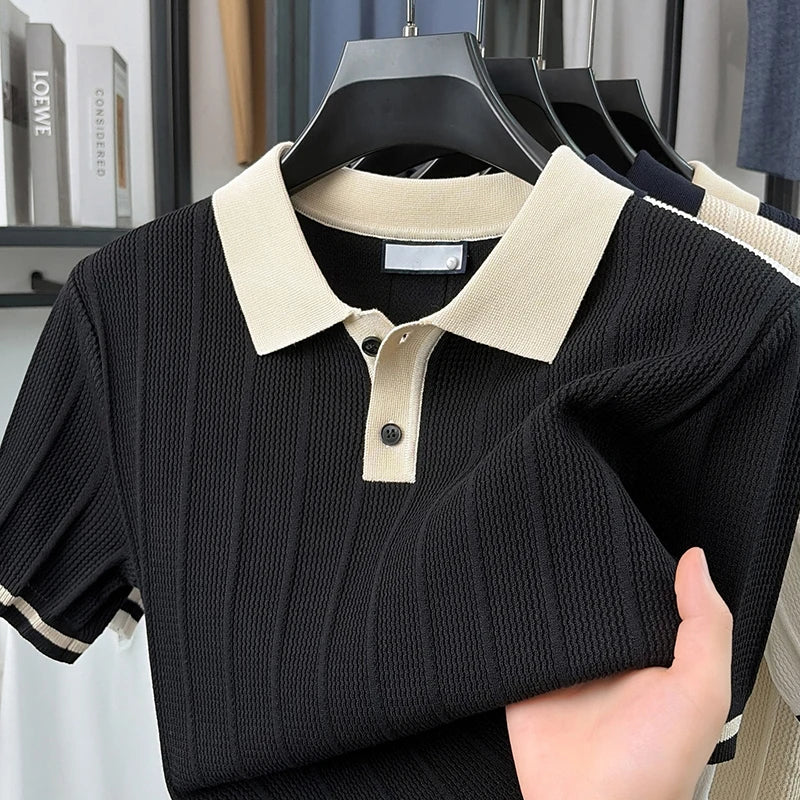 Summer Lightweight Men's Polo Shirt, Middle-aged Jacquard Color-block Breathable Wrinkle-free Casual Knitted Top