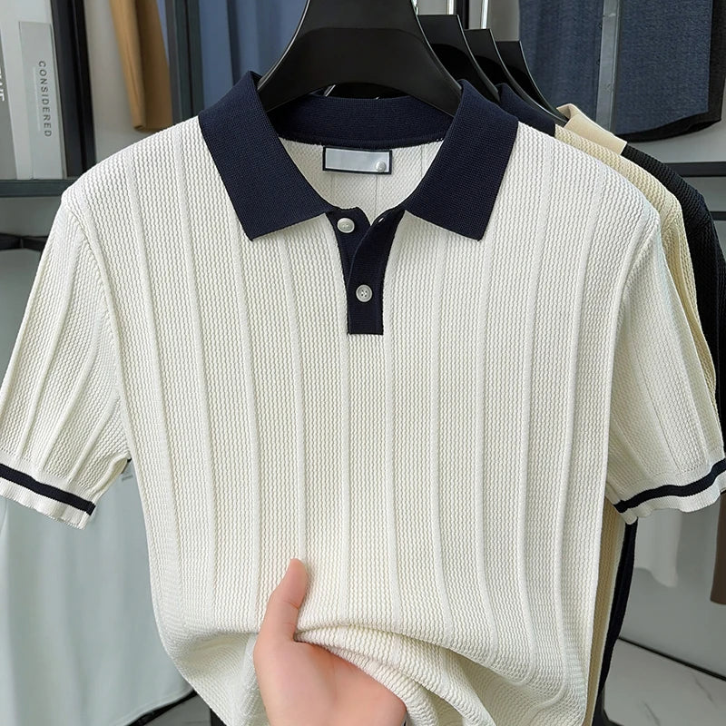Summer Lightweight Men's Polo Shirt, Middle-aged Jacquard Color-block Breathable Wrinkle-free Casual Knitted Top