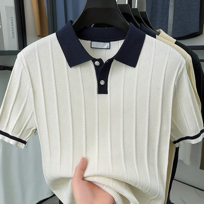 Summer Lightweight Men's Polo Shirt, Middle-aged Jacquard Color-block Breathable Wrinkle-free Casual Knitted Top